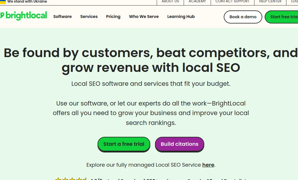 BrightLocal review management software with local SEO tools for agencies - affordable platform, ReviewSense offers better AI responses as BrightLocal alternative
