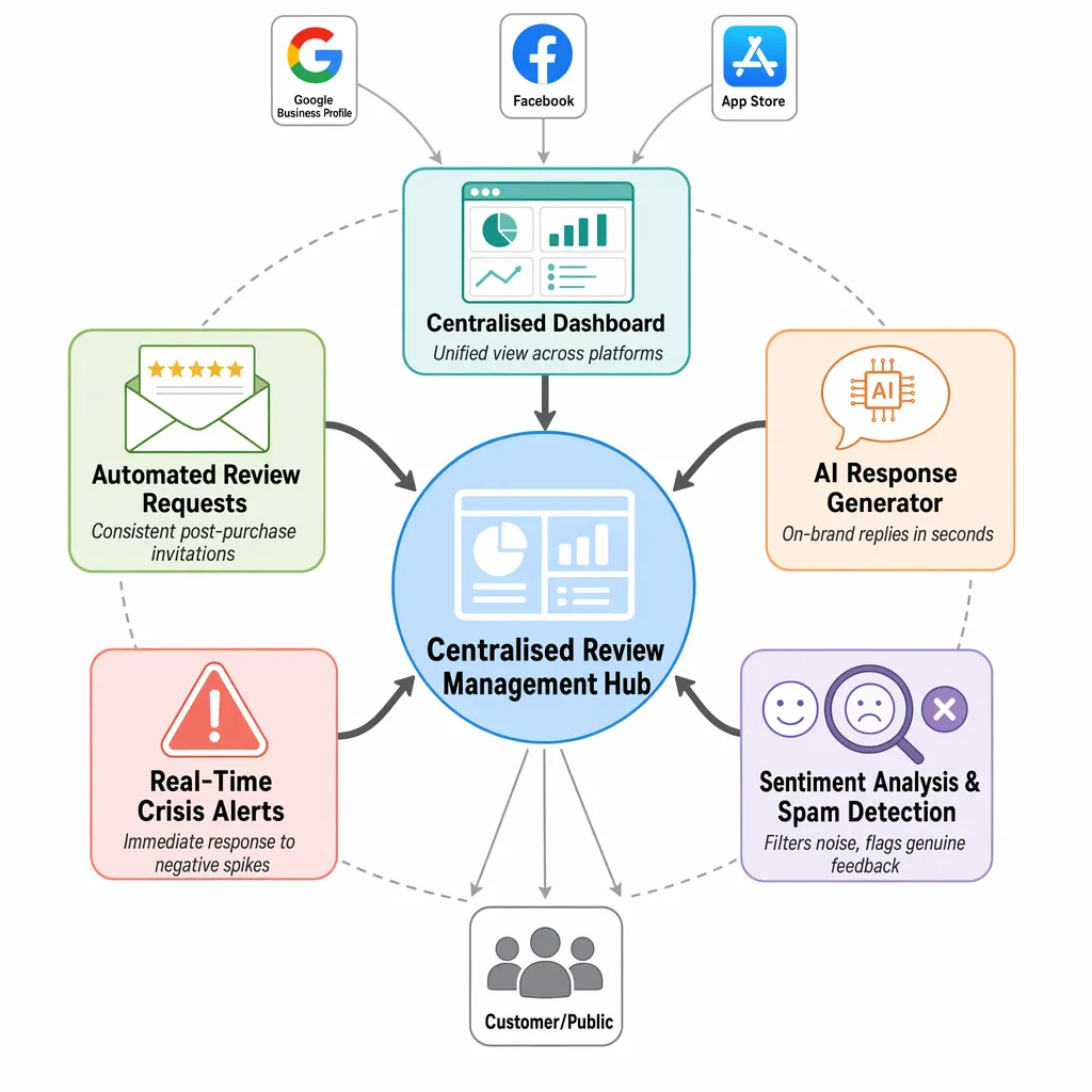 Feedback essentials diagram showing five cost-saving features for streamlined reputation management.
