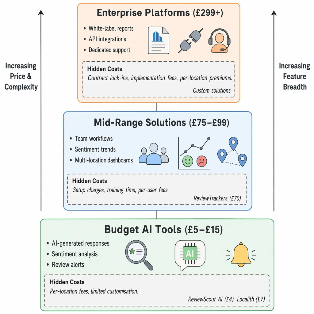 Cost breakdown chart comparing budget, mid-range, and enterprise feedback tools.