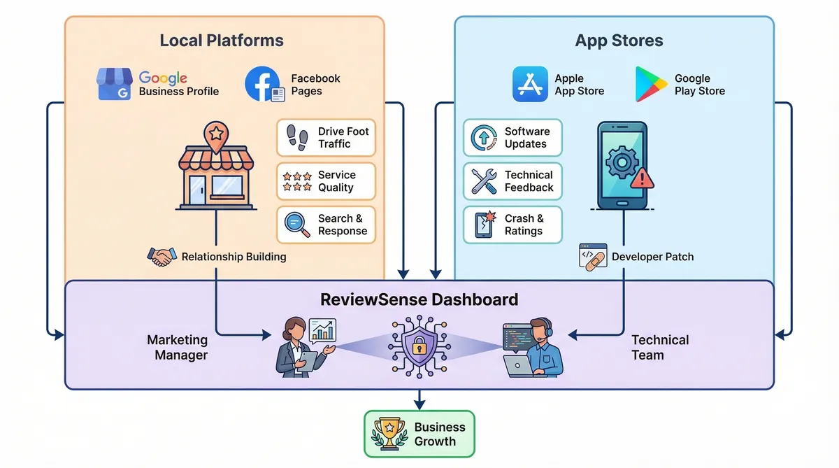Comparison of local platforms and app stores for customer feedback management.