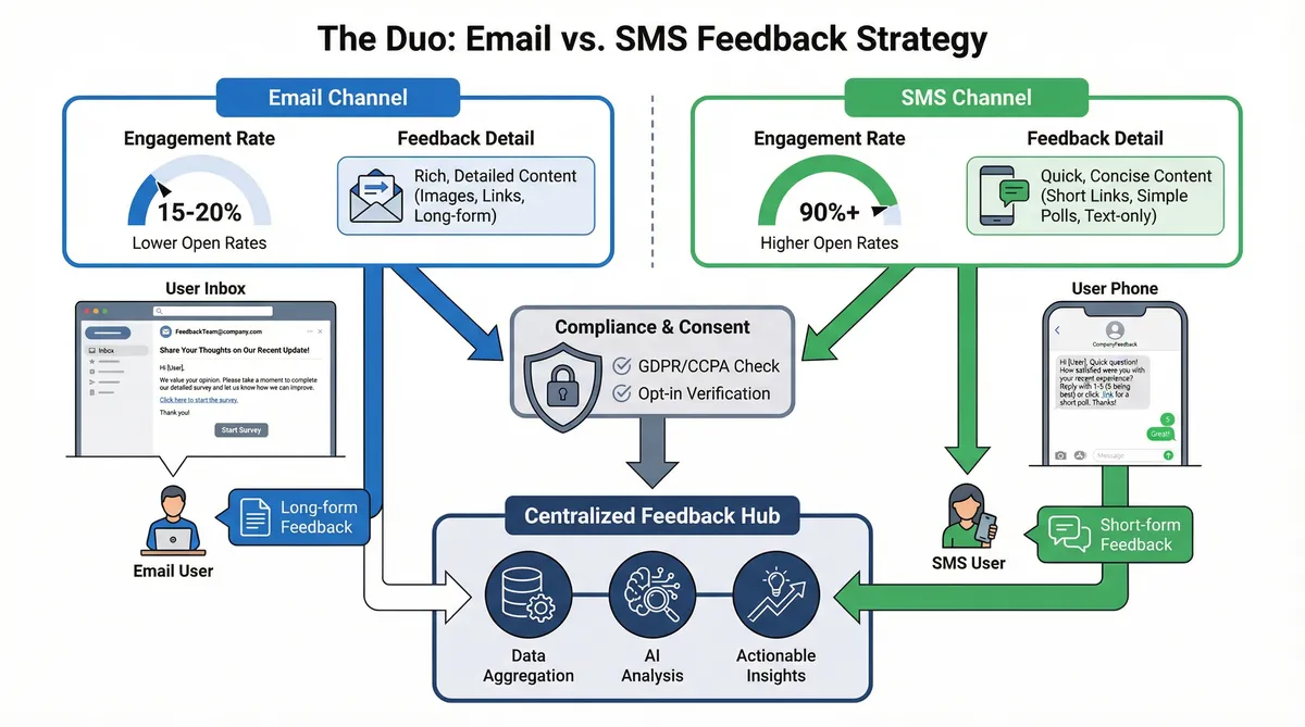 Comparison of email and SMS channels for customer feedback requests with compliance highlights.