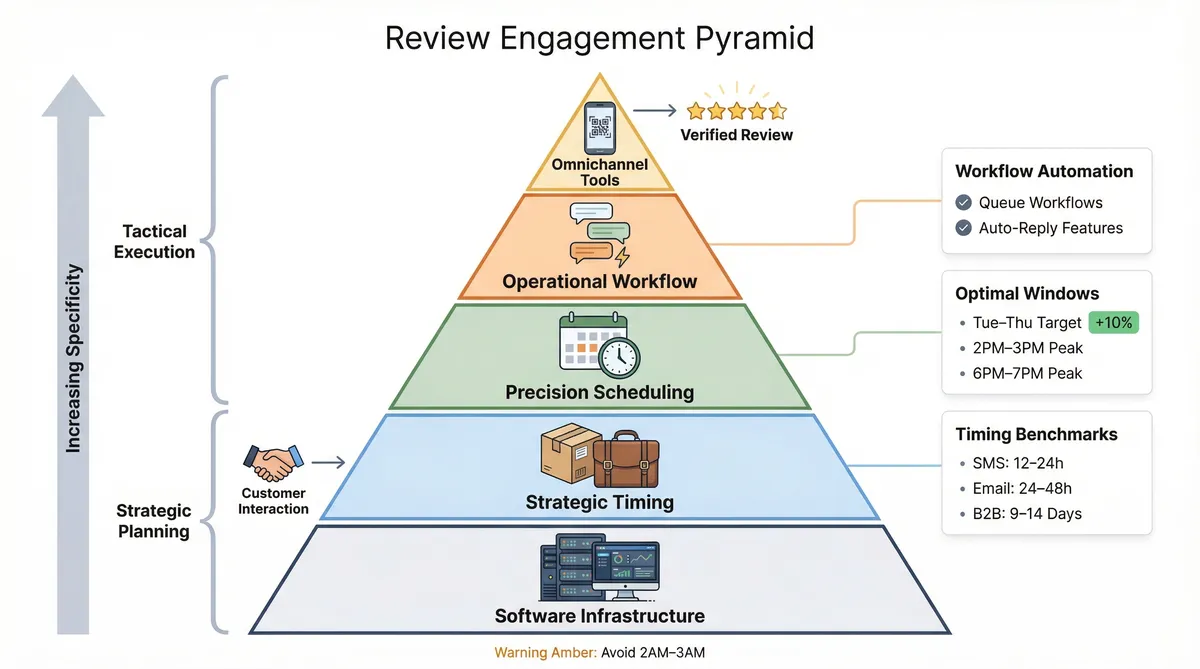 Optimal timing windows for sending customer feedback requests by channel and industry.