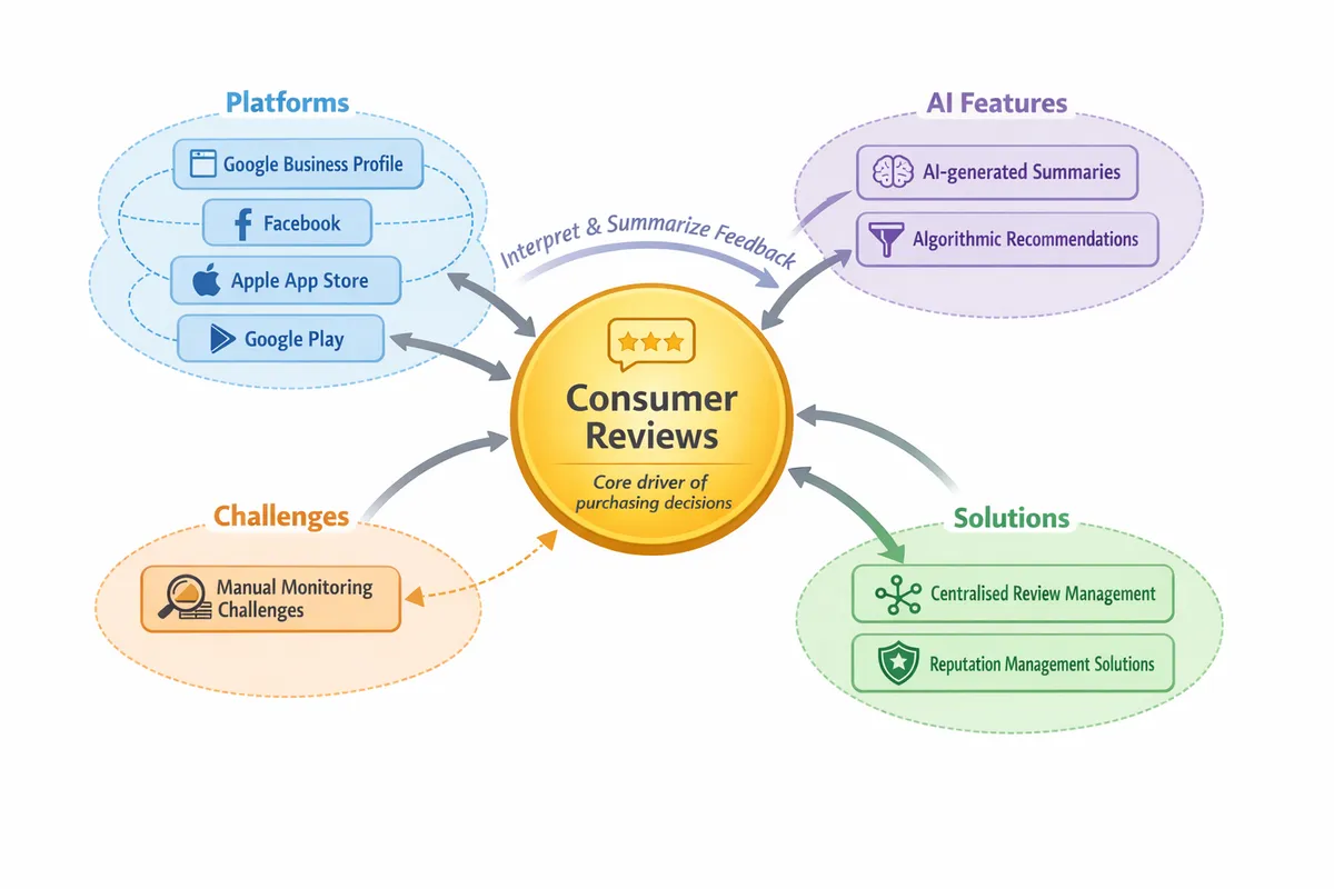 Infographic showing how consumer feedback influences purchasing decisions across platforms.