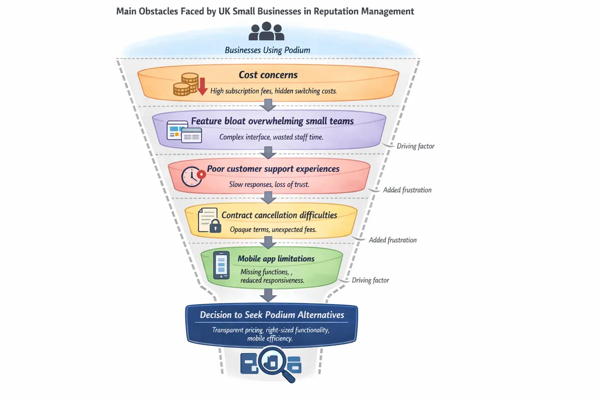 Main obstacles faced by small businesses seeking reputation management alternatives.